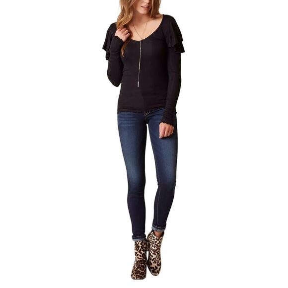 FREE PEOPLE On Rewind Jersey Black Knit Top Blouse Ruffle Long Sleeves V-Neck XS - Picture 10 of 11